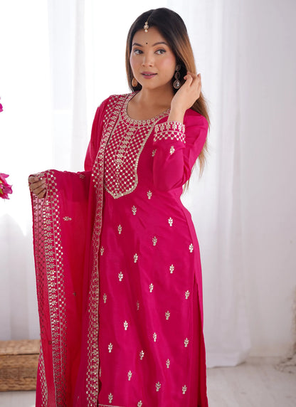 Pure Chinon Silk Embroidery Kurta Pink