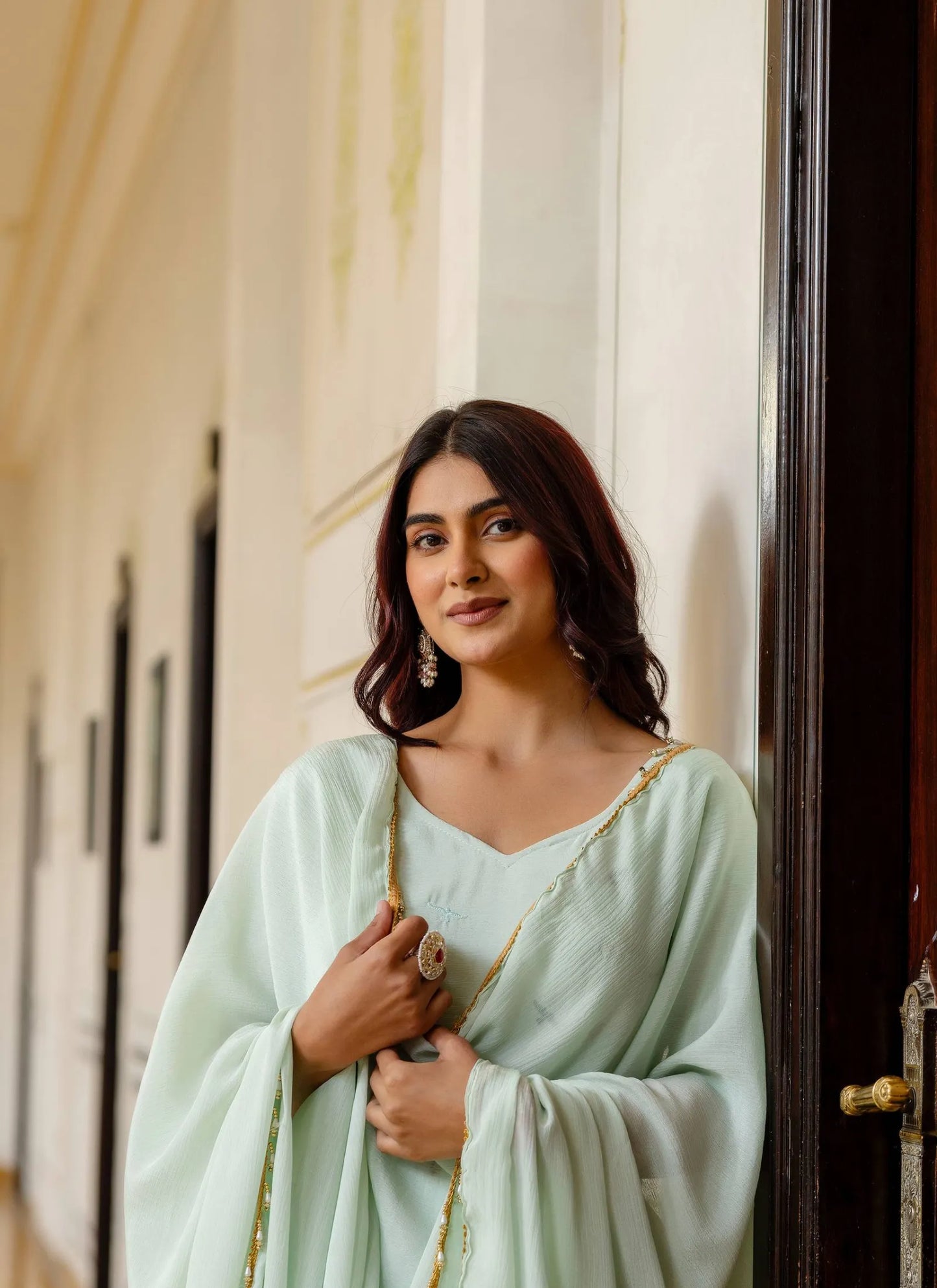 Green Embroidered Chinon Fabric Gown