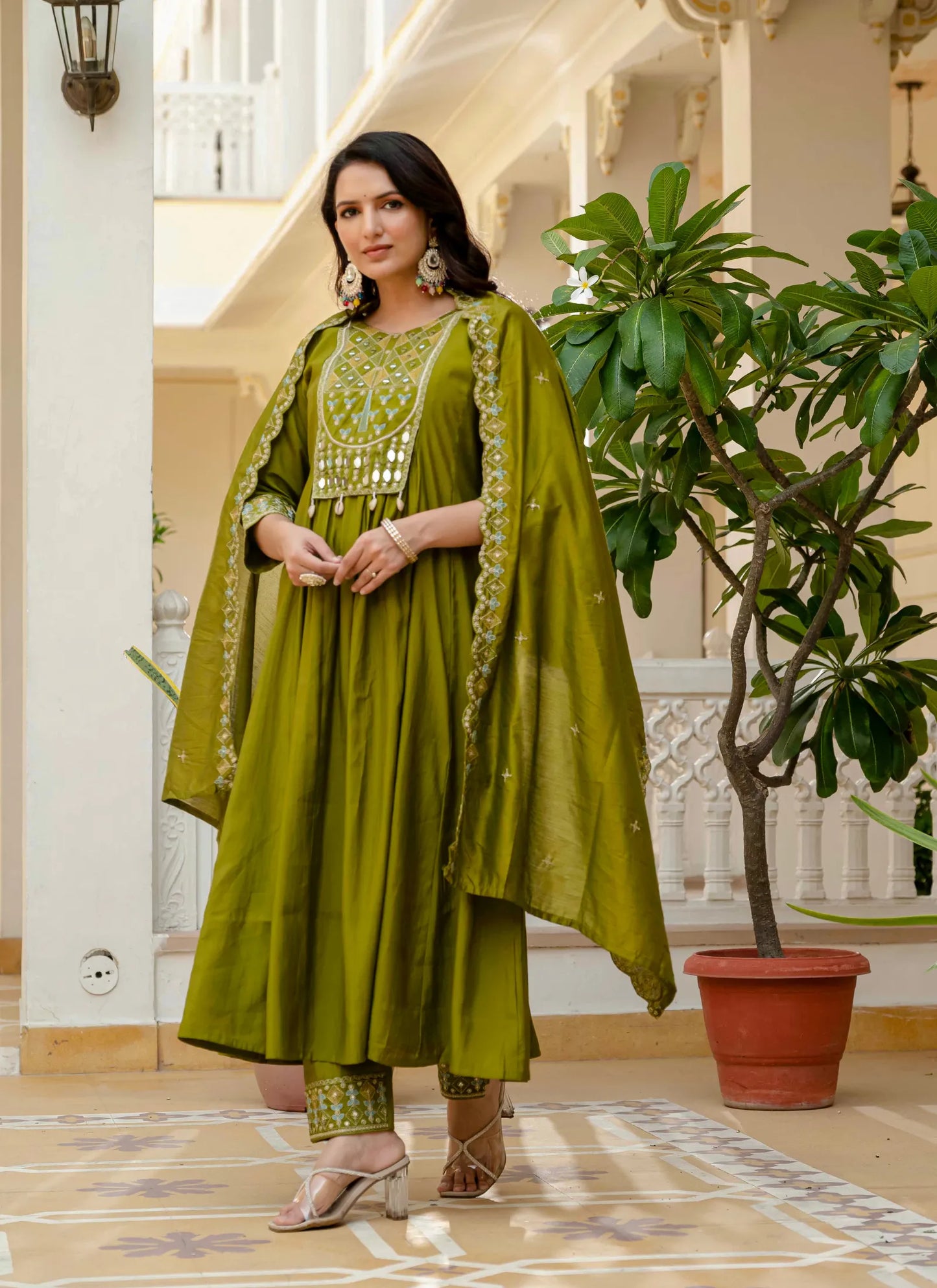 Beautiful Roman Silk Anarkali Kurti Mehndi