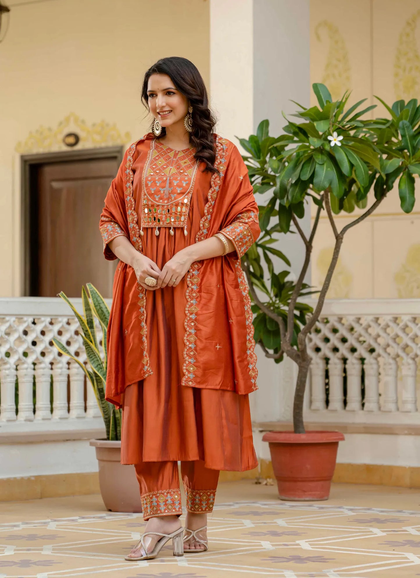 Beautiful Roman Silk Anarkali Kurti Orange