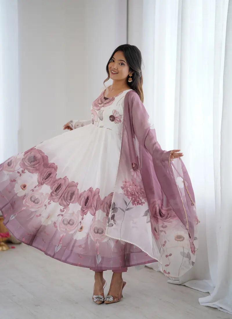 Heavy Pure Soft Organja Silk Print Anarkali Onion Pink