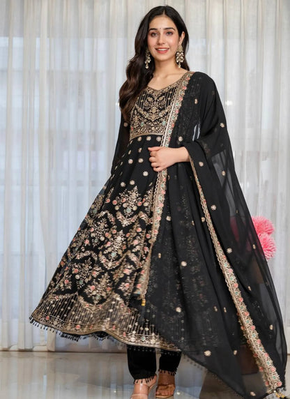 Black Faux Blooming Fabric Thread Embroidered Anarkali Suit