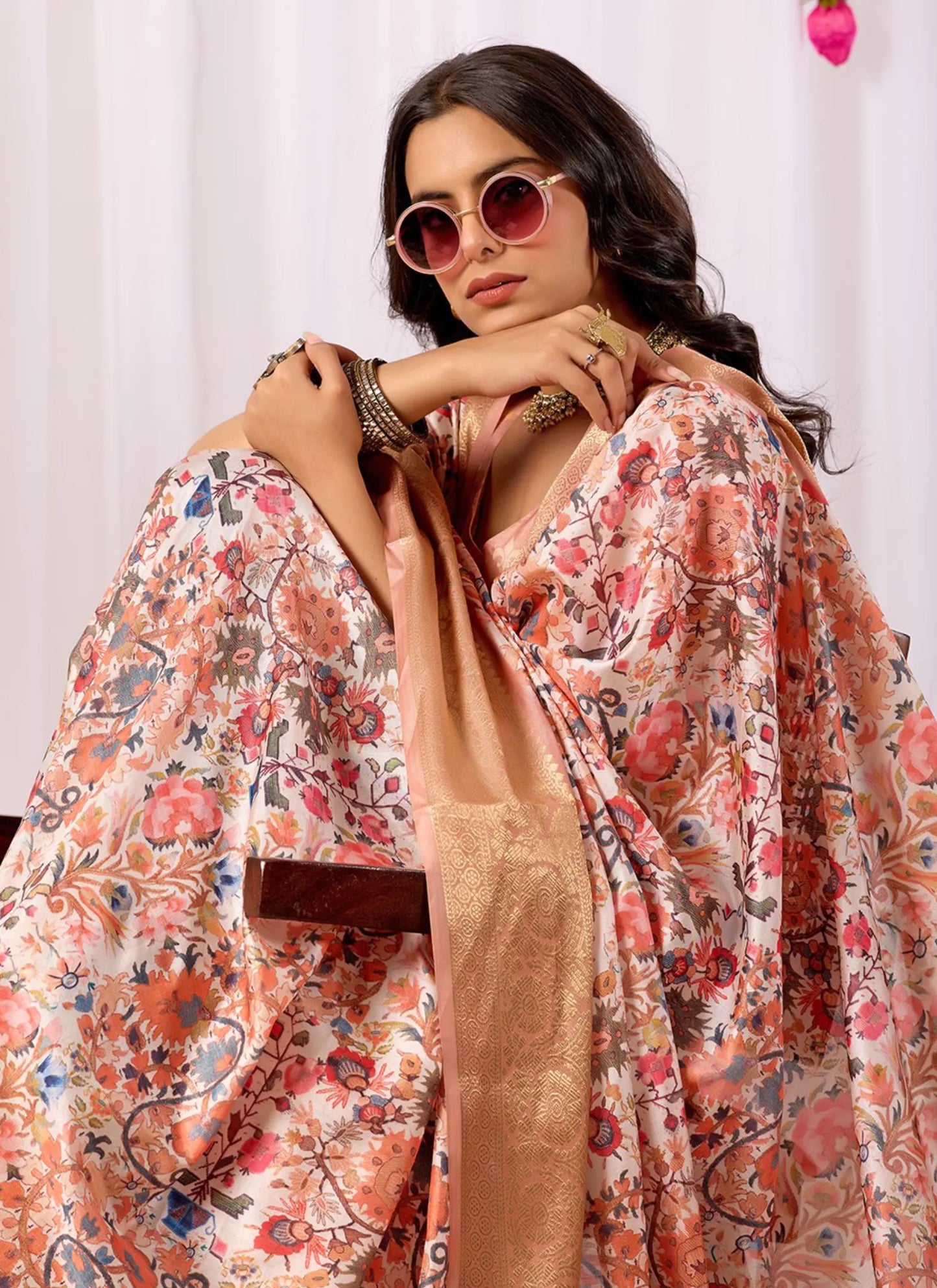 Intricate Floral Print Soft Lichi Silk Saree