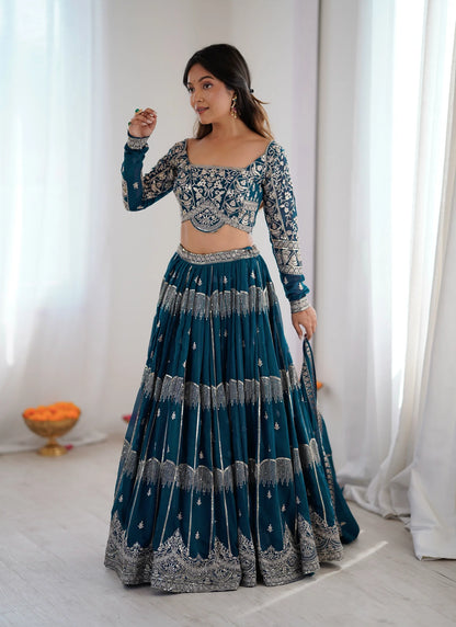 Blue Faux Georgette Thread Embroidery Lehenga Choli