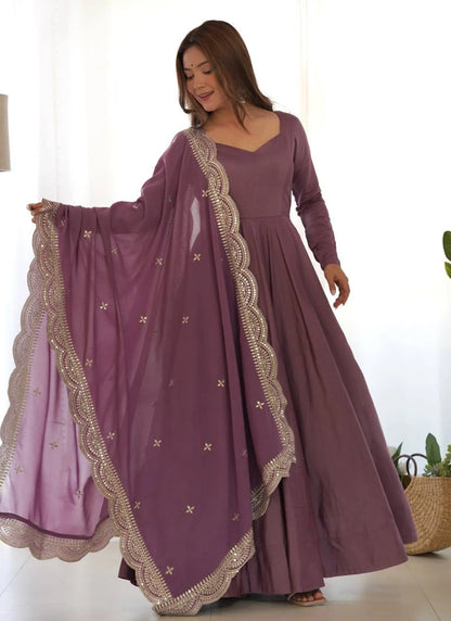 Pure Romansilk Chanderi Fabric Anarkali Mauve