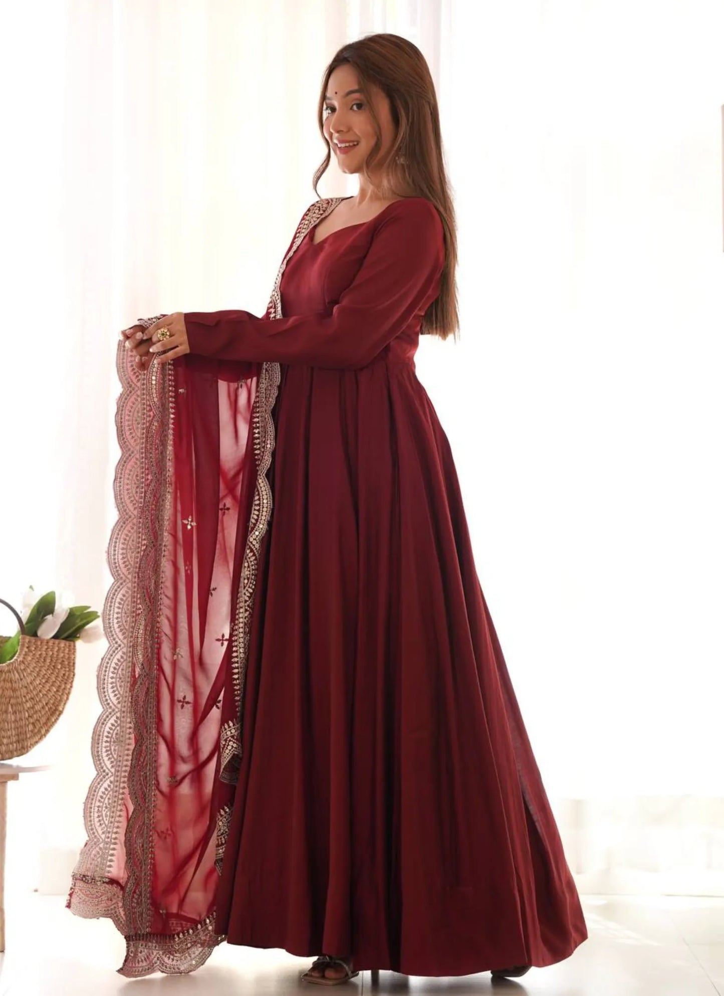 Pure Romansilk Chanderi Fabric Anarkali Maroon