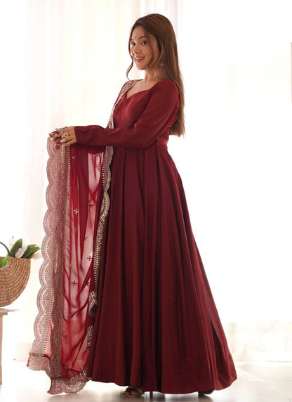 Pure Romansilk Chanderi Fabric Anarkali Maroon