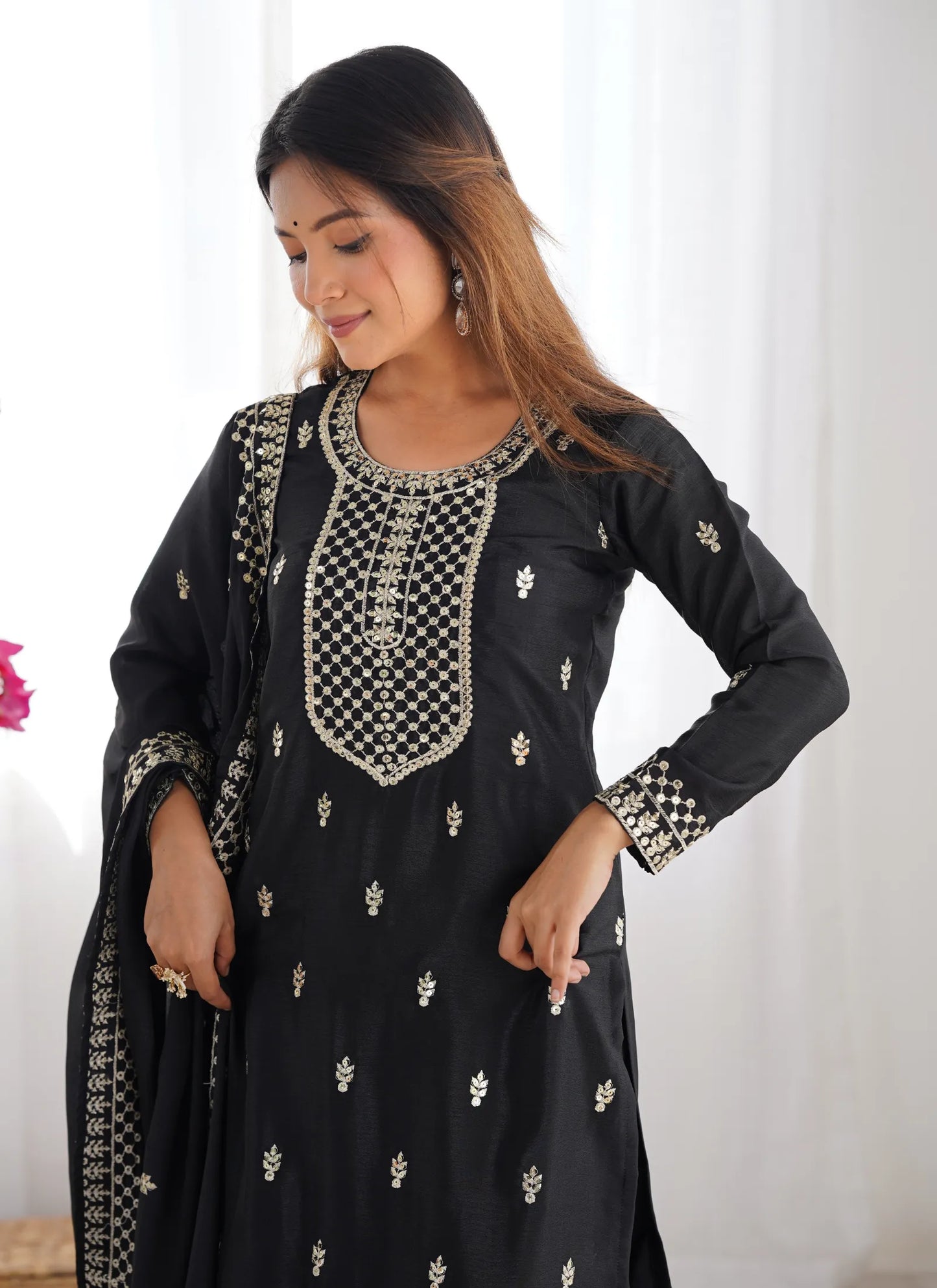 Pure Chinon Silk Embroidery Kurta Black