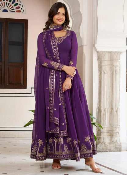 Purple Faux Georgette Thread Work Anarkali Suit