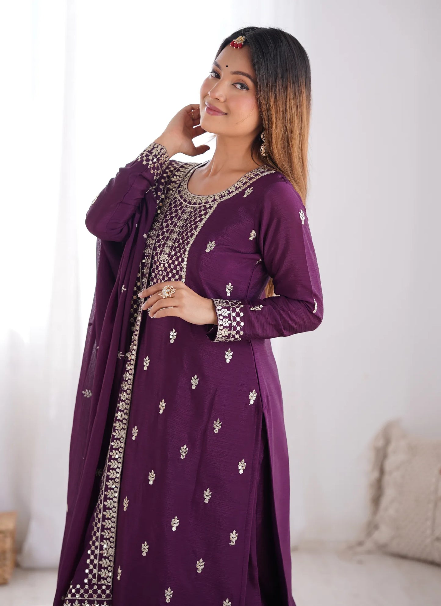 Pure Chinon Silk Embroidery Kurta Wine