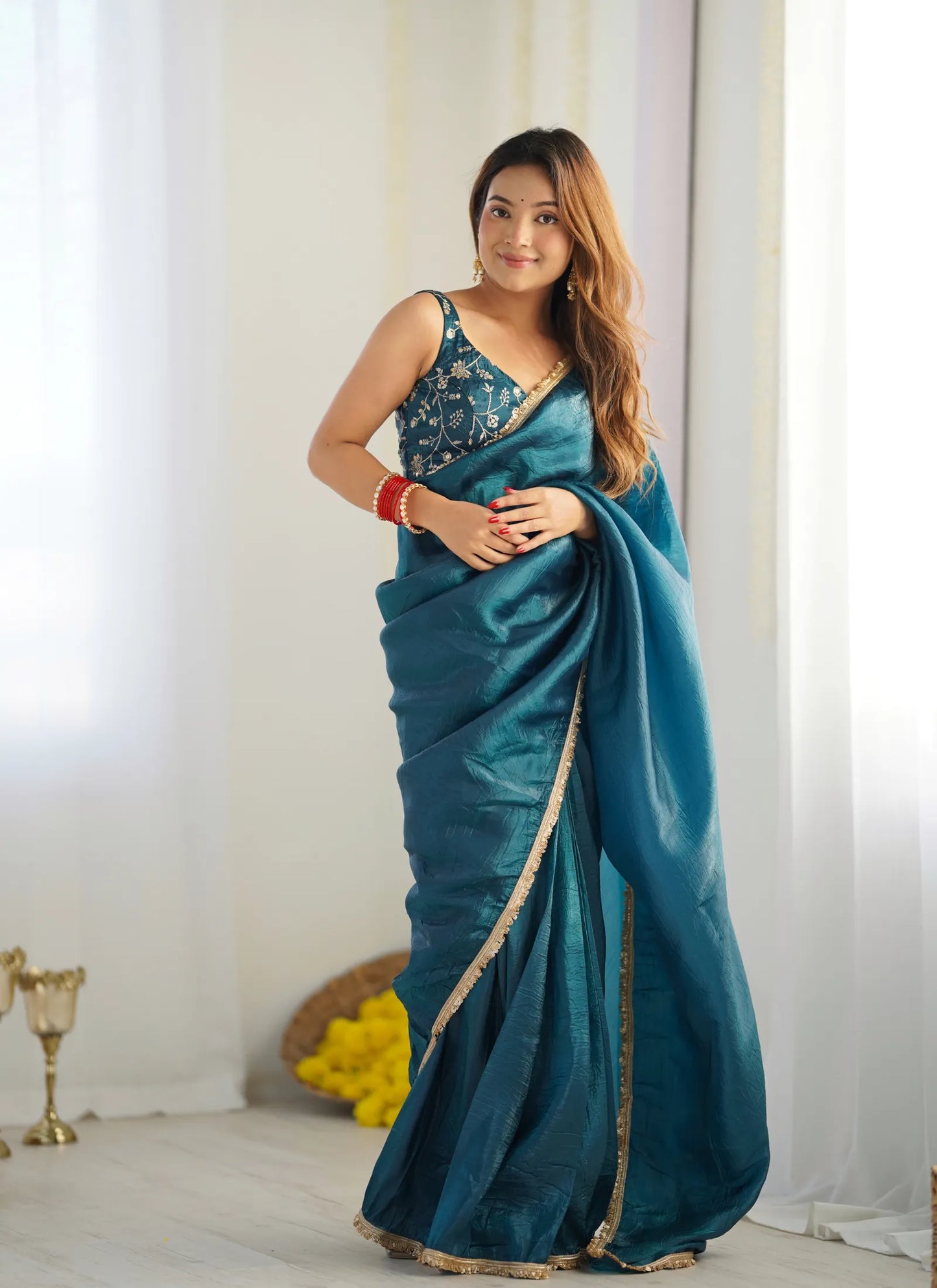 Premium Tissue Silk Saree Teal Blue