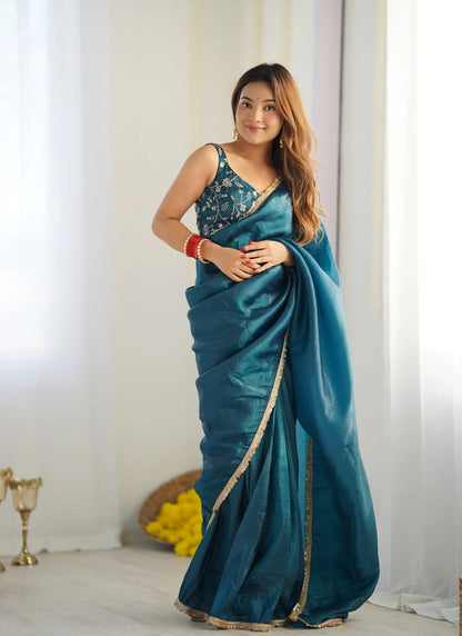 Premium Tissue Silk Saree Teal Blue