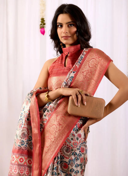Geometric Prints Soft Lichi Silk Saree