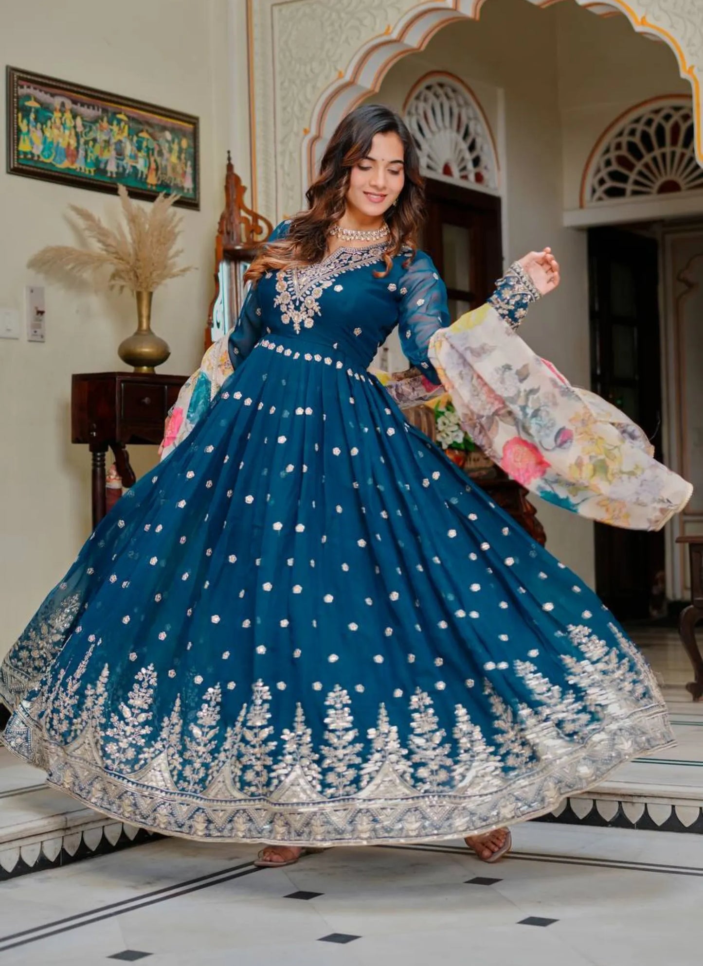 Blue Georgette Thread Work Anarkali Suit