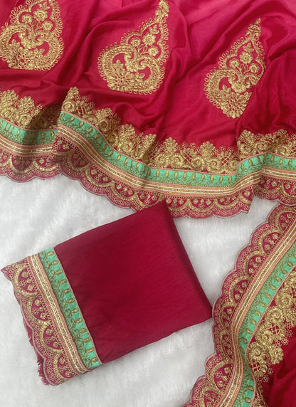 Beautiful Embroidery Silk Saree Red