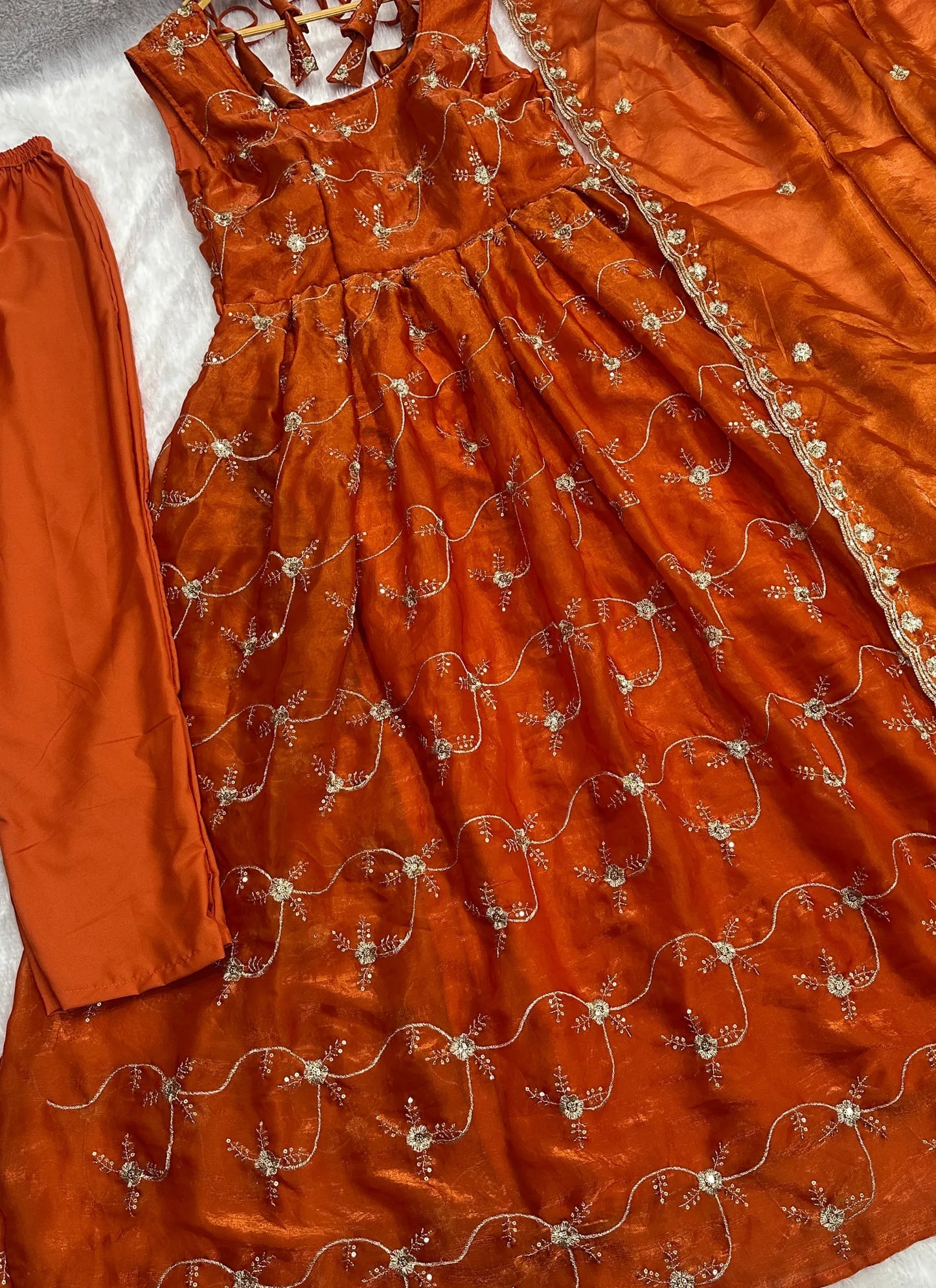Orange Fandy Silk Embroidery Anarkali Gown