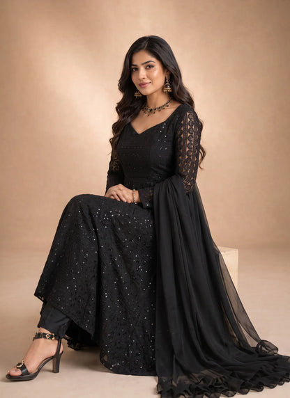 Black Lucknowi Sequence & Thread Work Anarkali Suit