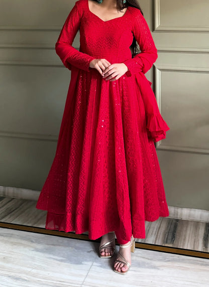 Red Lucknowi Sequence & Thread Work Anarkali Suit