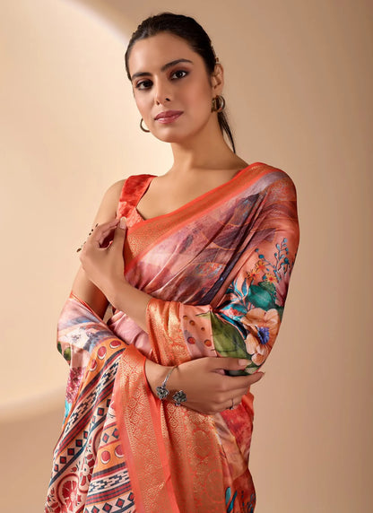 Floral Print Soft Lichi Silk Saree Orange