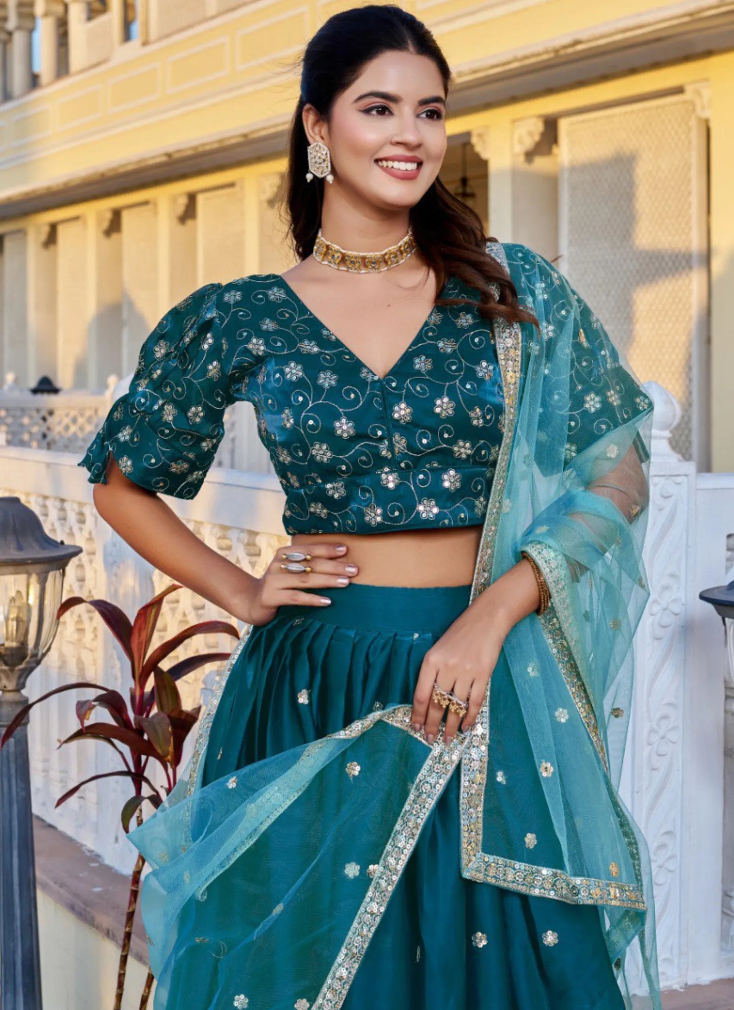 Rama Heavy Embroidery With Zari Thread Lehenga Choli