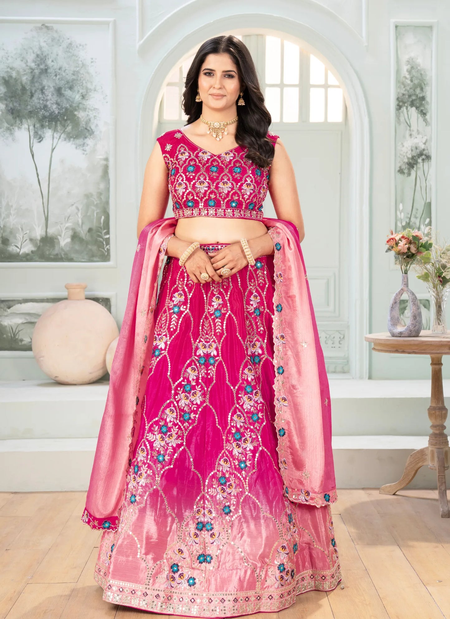 Pink Embroidery Chinon Silk Lehenga Choli