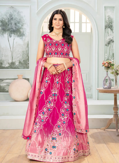 Pink Embroidery Chinon Silk Lehenga Choli