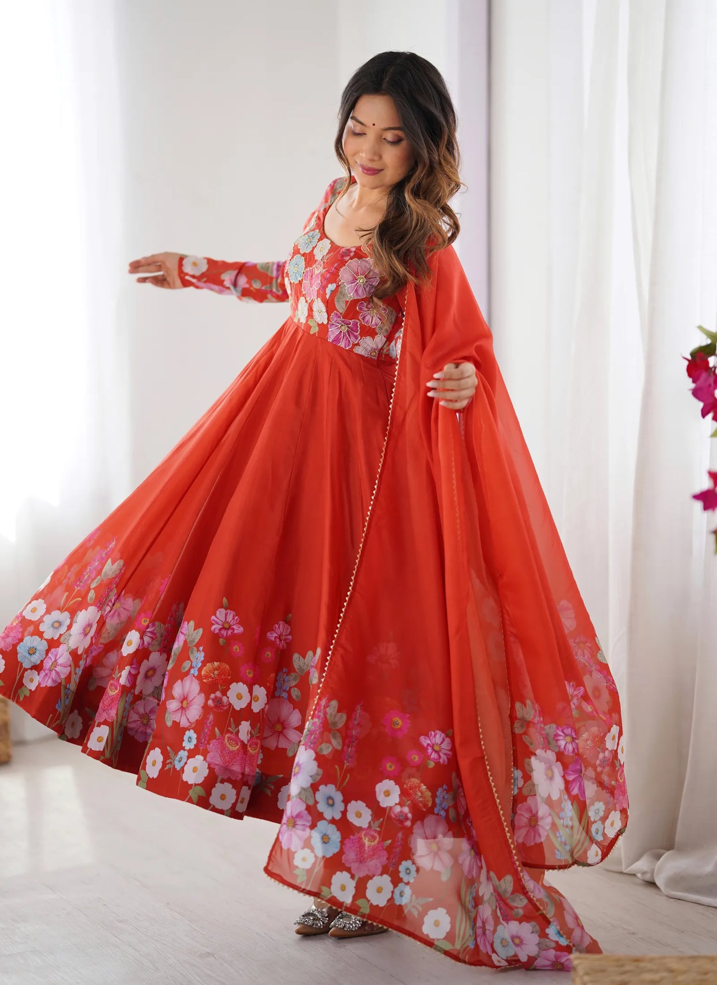 Pure Soft Organja Silk Anarkali Red