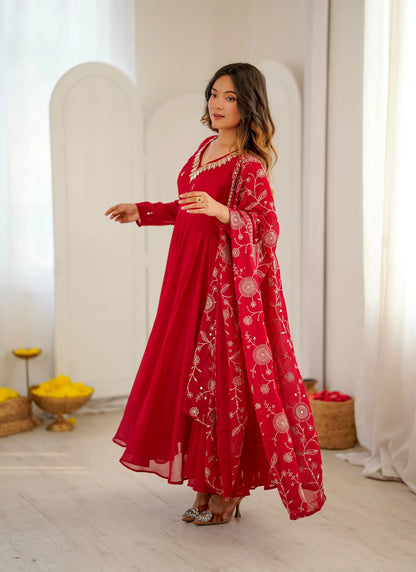 Red Elegant Embroidered Anarkali Suit