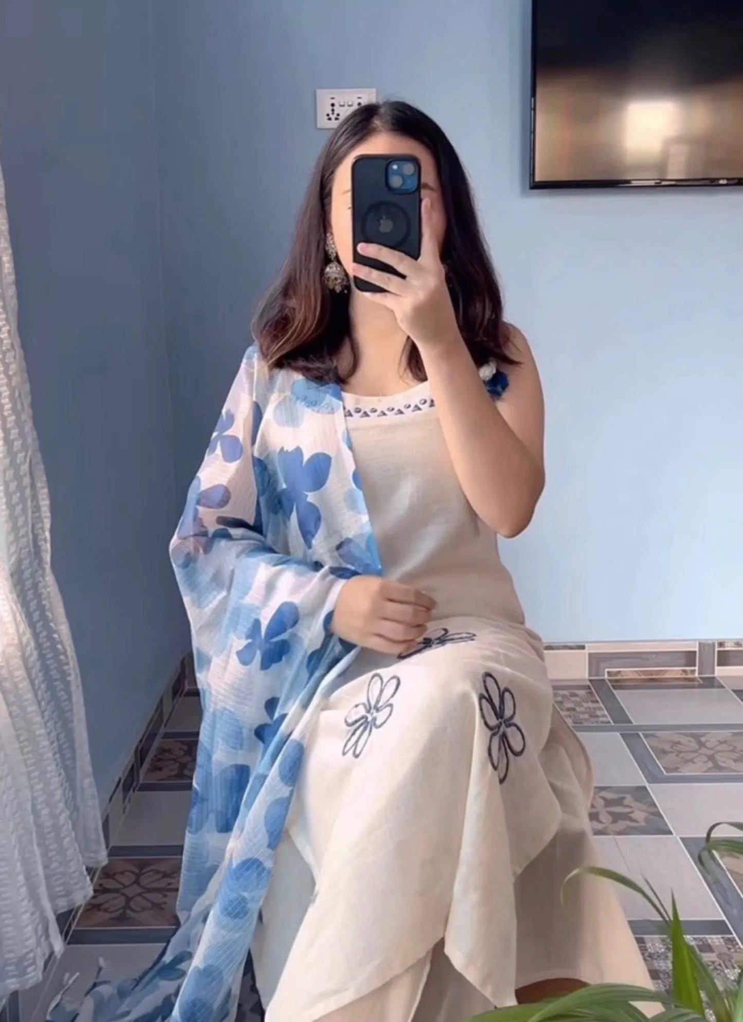 Blue Rayon Slub beautiful Suit Set
