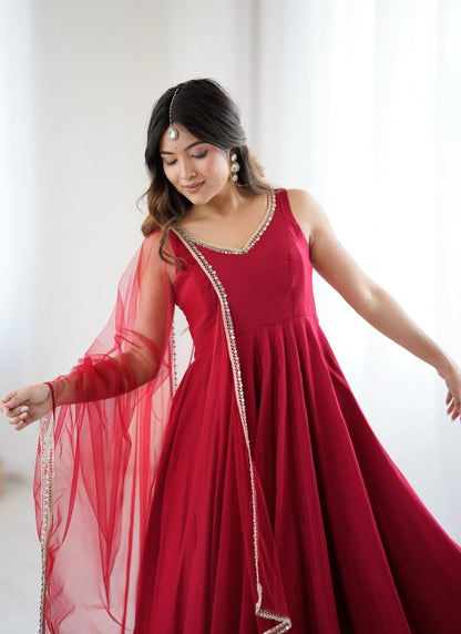 Pure Romansilk Chanderi Fabric Anarkali Maroon