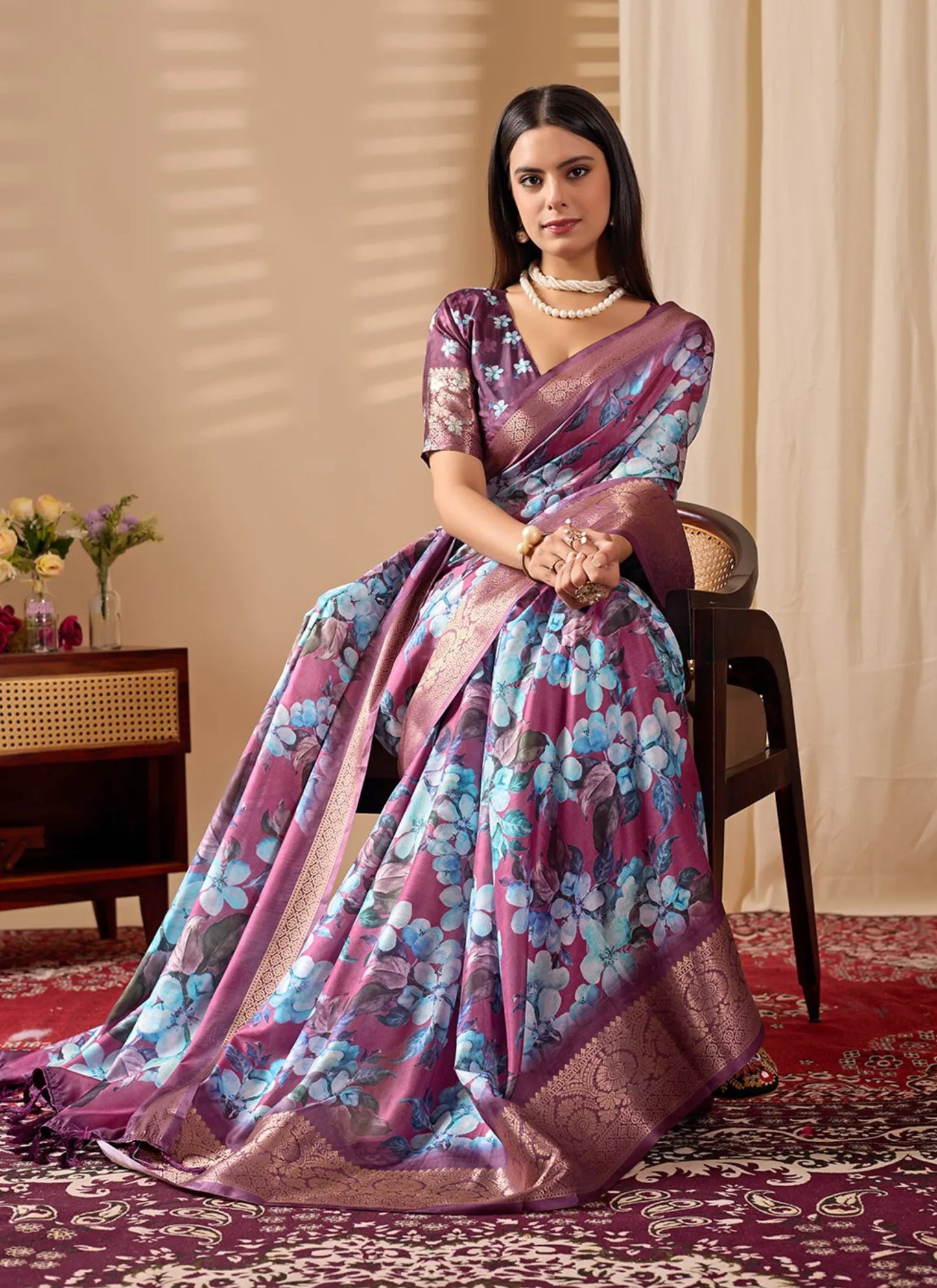 Blooming Floral Print Soft Lichi Silk Saree