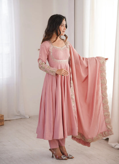 Pink Roman Silk Designer Anarkali Suit