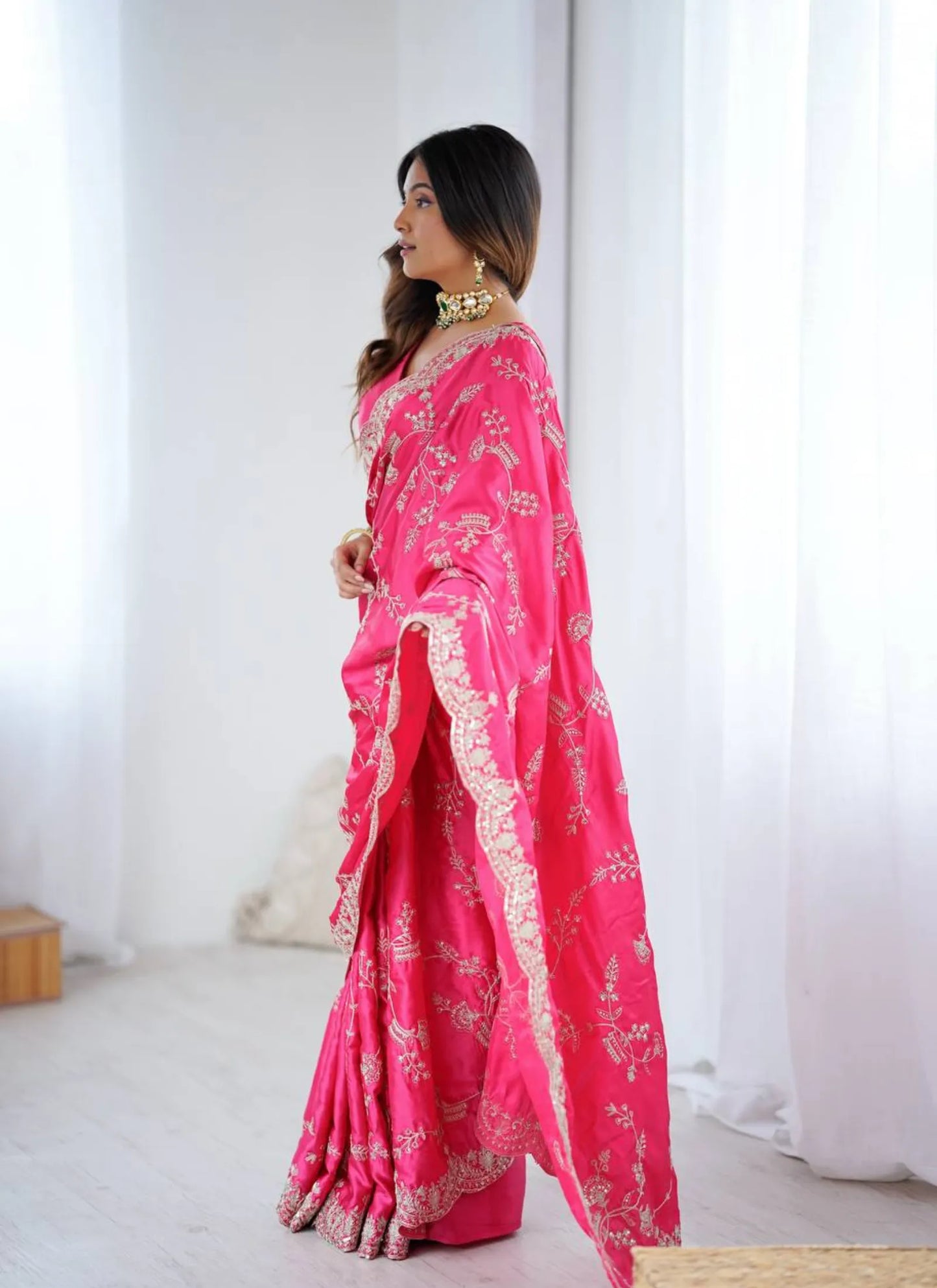 Pink Heavy Satin Silk With Embroidery Saree
