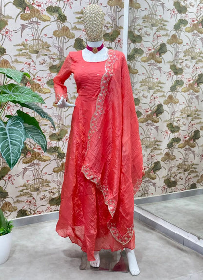 Embroidery Zari Work Silk Gown Red