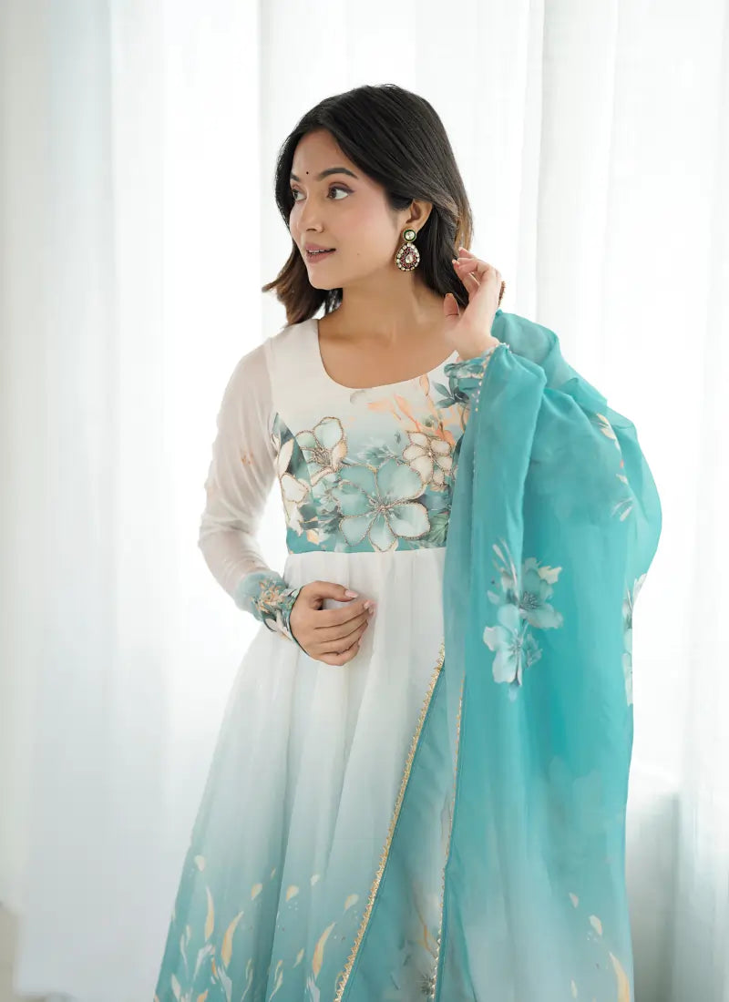 Heavy Pure Soft Organja Silk Print Anarkali Aqua Blue