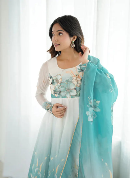 Heavy Pure Soft Organja Silk Print Anarkali Aqua Blue