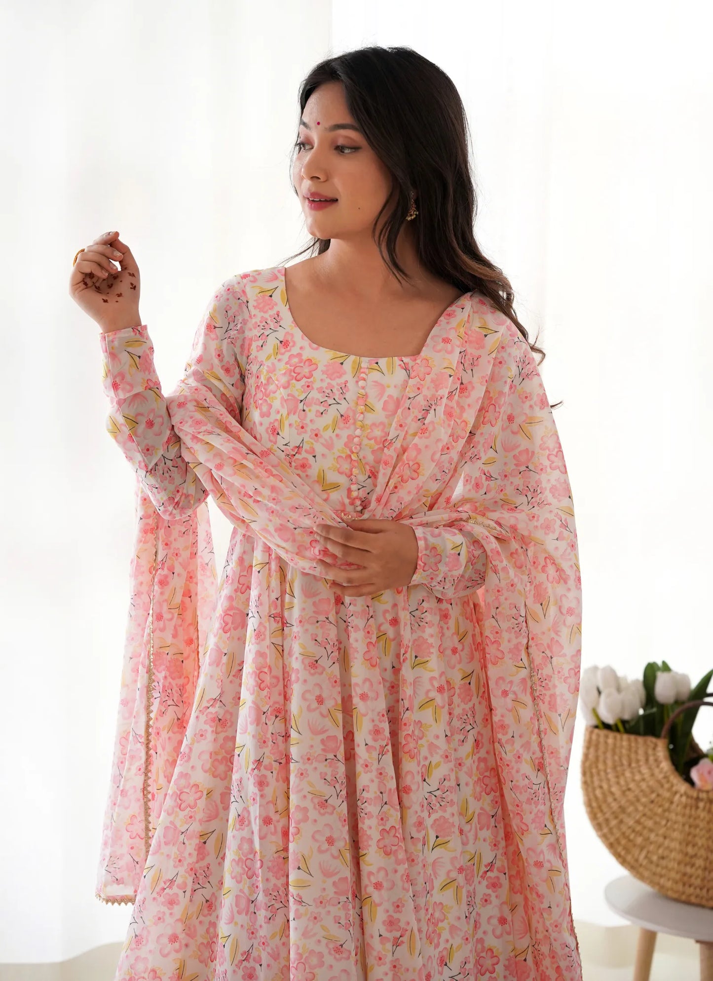 Pure Chiffon Floral Print Anarkali Peach