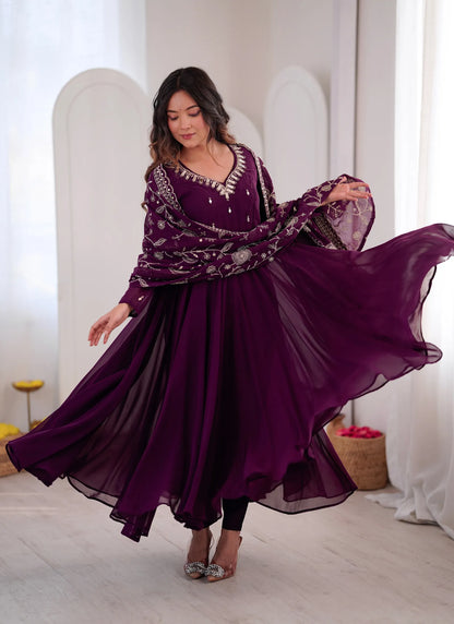 Wine Elegant Embroidered Anarkali Suit