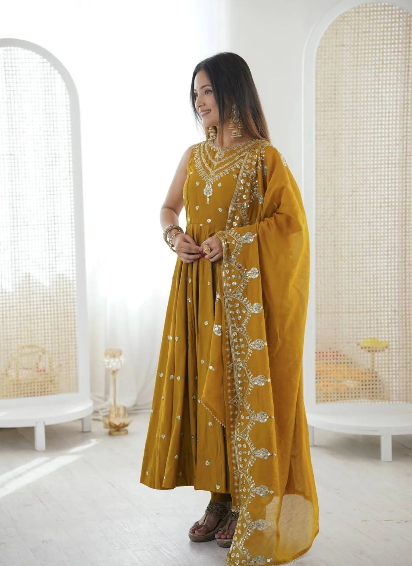 Mustard Roman Silk Embroidery Anarkali Suit