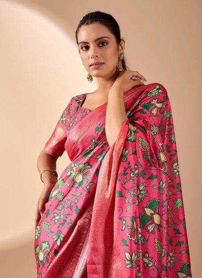 Floral Print Soft Lichi Silk Saree Pink