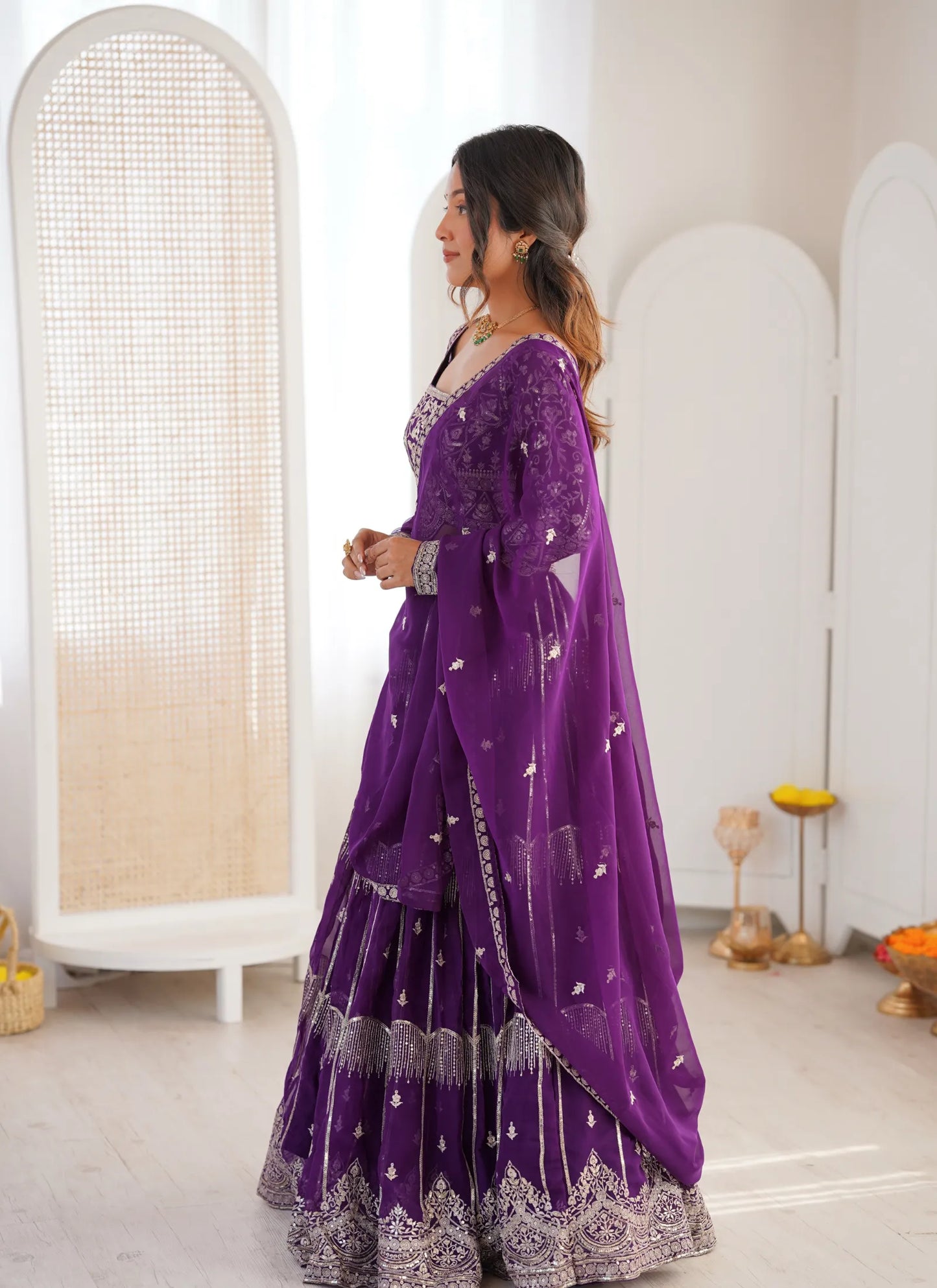 Purple Faux Georgette Thread Embroidery Lehenga Choli