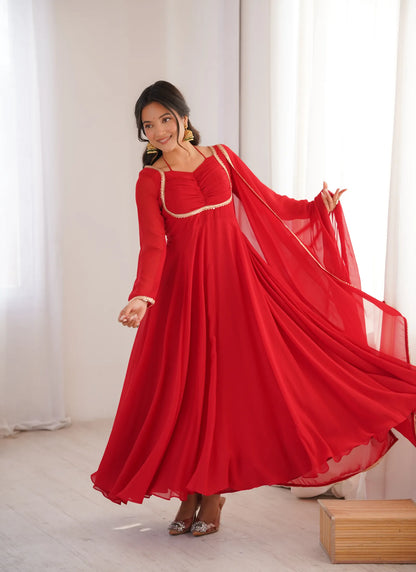 Red Pure Blooming Georgette Anarkali Suit
