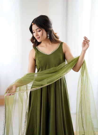 Pure Romansilk Chanderi Fabric Anarkali Mehandi