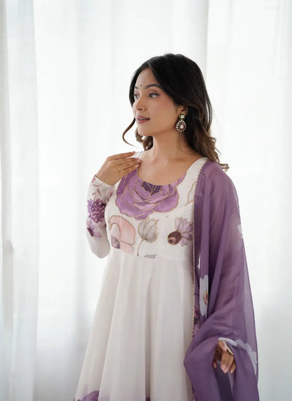 Heavy Pure Soft Organja Silk Print Anarkali Violet