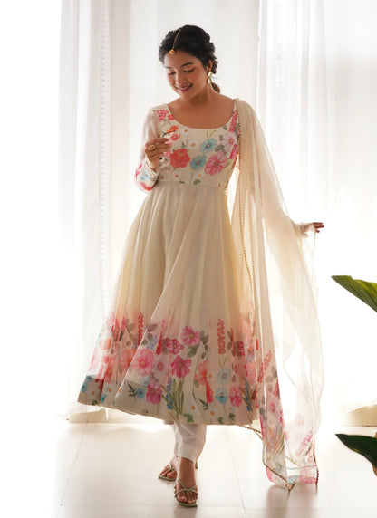 Pure Soft Organja Silk Anarkali Cream