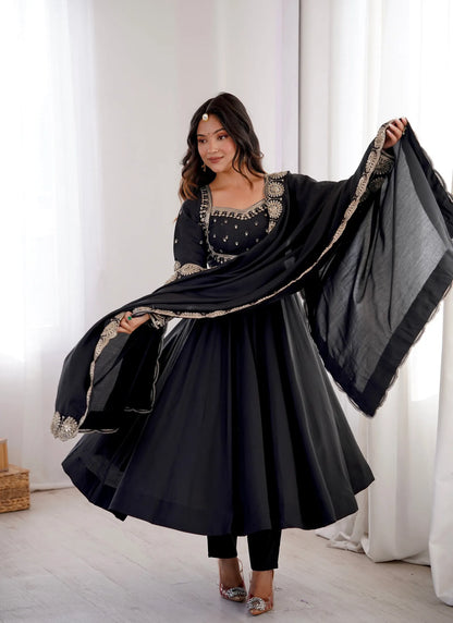 Black Roman Silk Designer Anarkali Suit