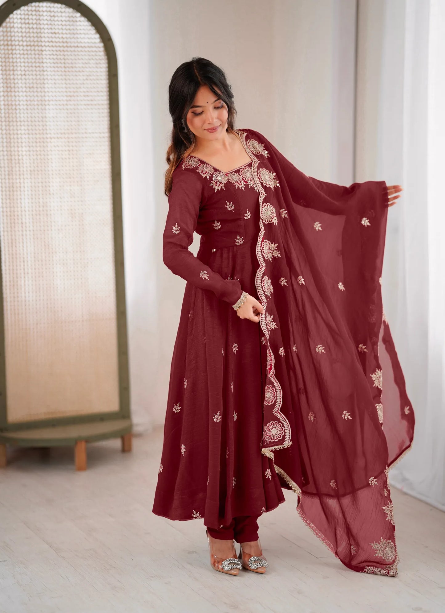 Maroon Designer Embroidered Anarkali Suit