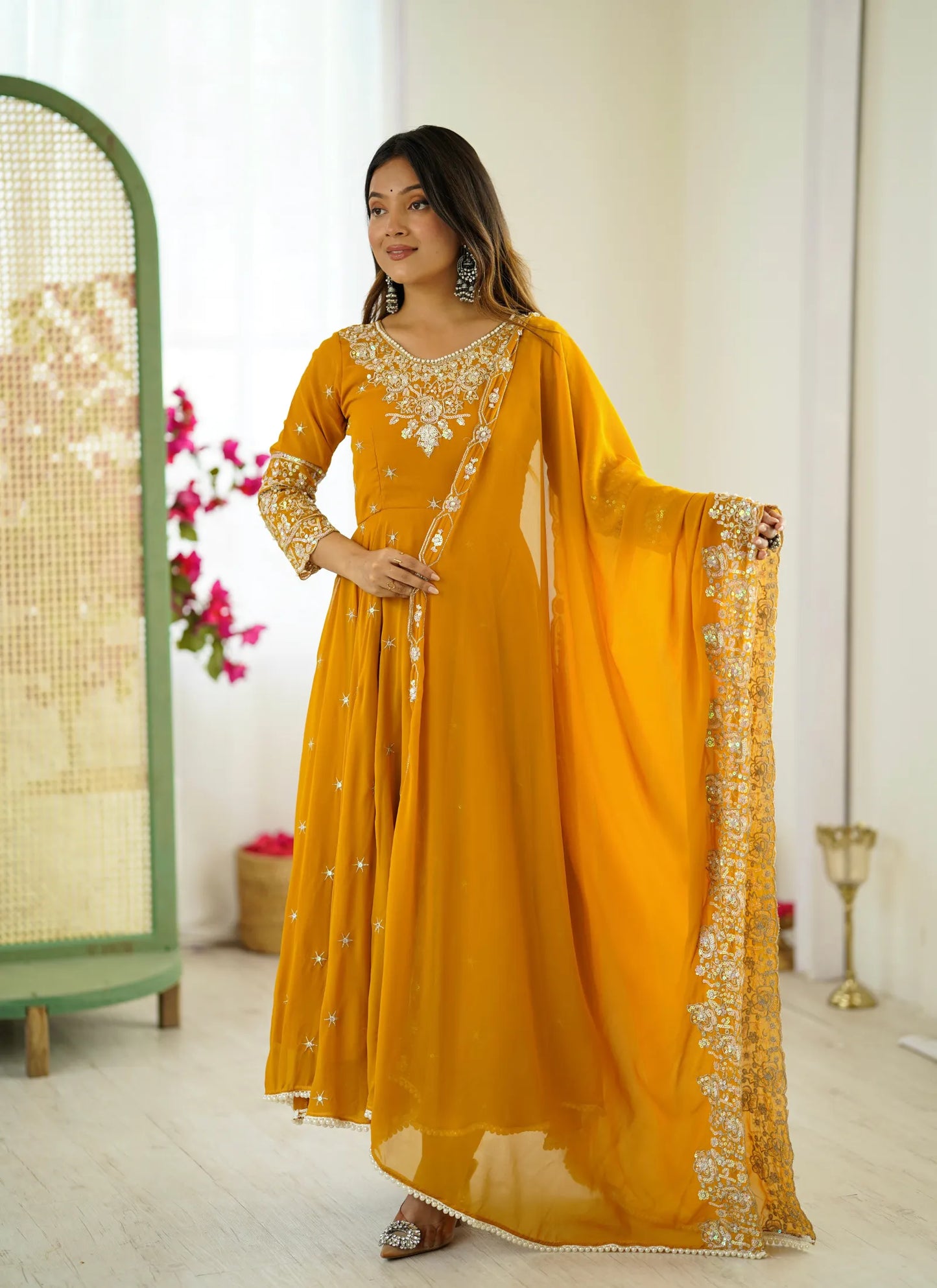 Mustard Rembo Sequence Designer Anarkali Suit