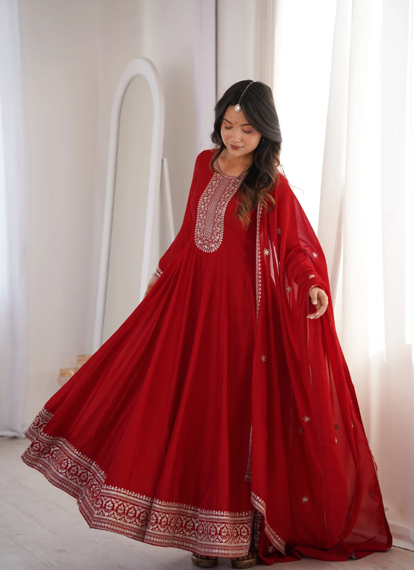 Dark Red Vichitra Silk Embroidered Gown