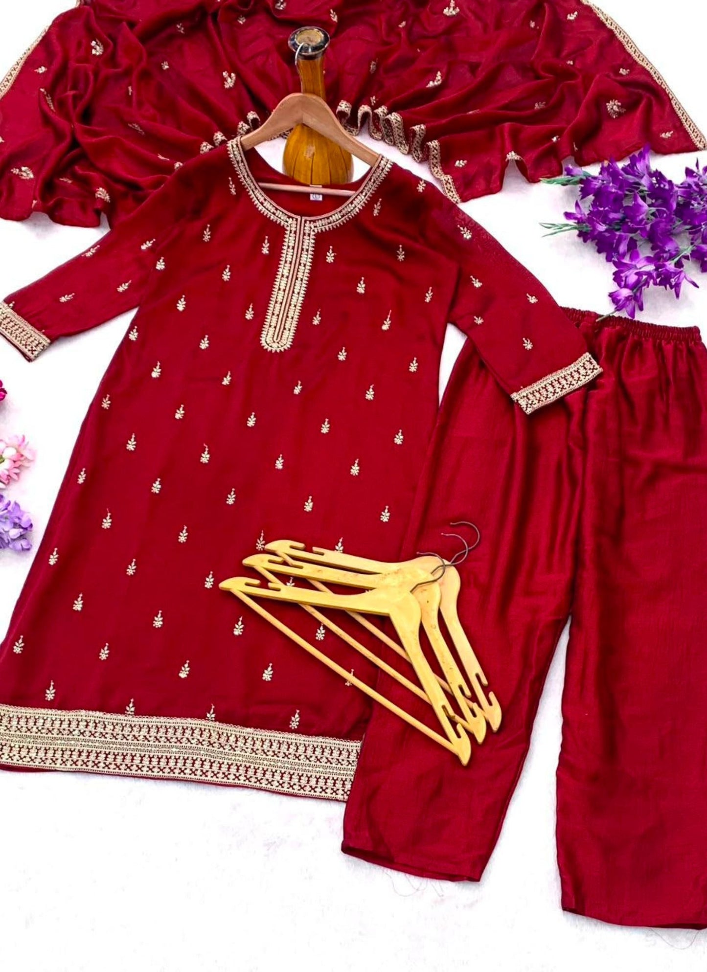 Red Vichitra Silk Premium Designers Kurta Set